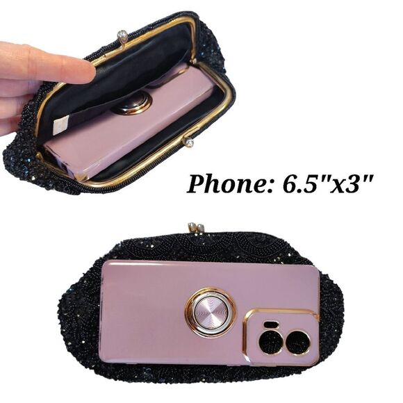 VTG 50s 60s Black Handmade Hong Kong Beaded Sequins Kiss Lock Clutch - Picture 16 of 16